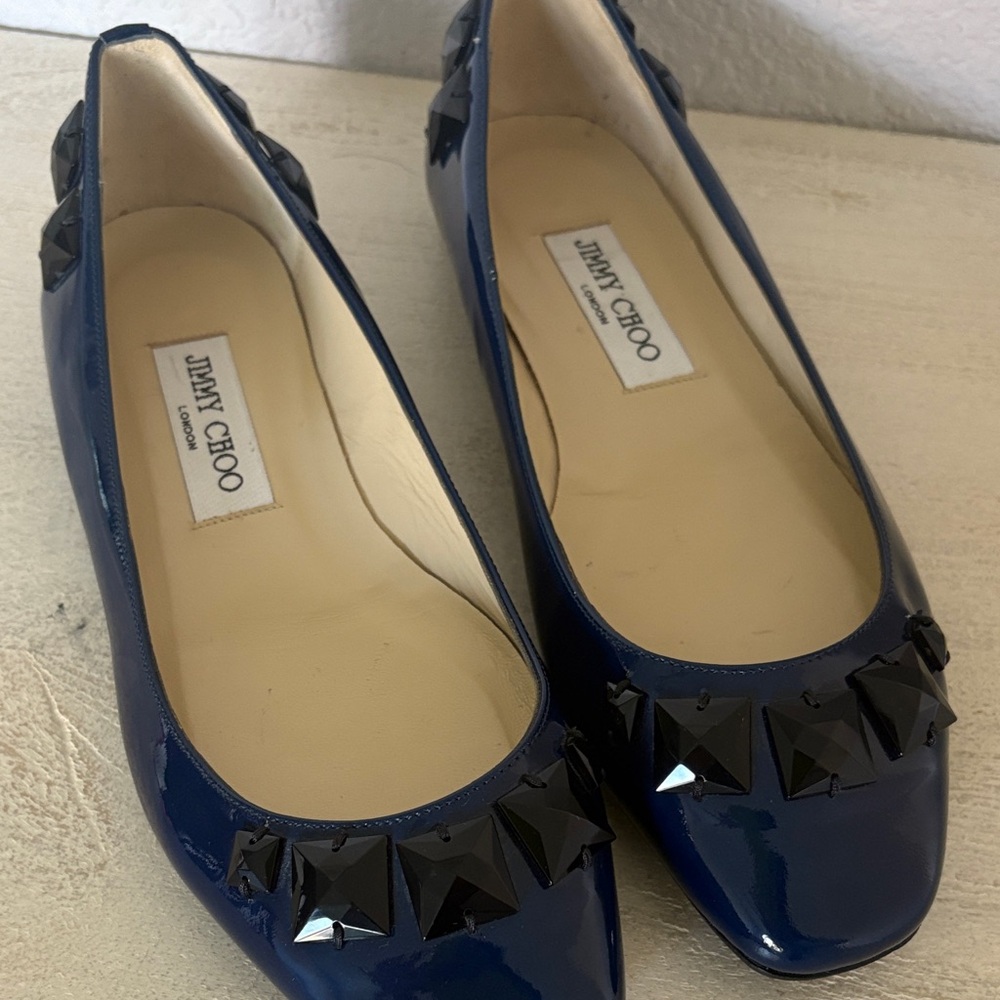 Jimmy Choo Navy Patent Flats with Black Accents
